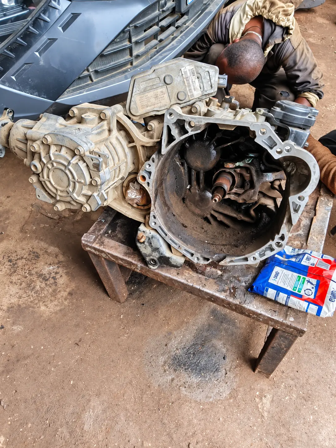 Transmission work in progress — photo from the Felege Garage workshop