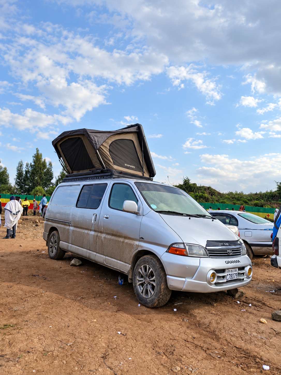 Camper van conversion, roof tent up — photo from the Felege Garage workshop