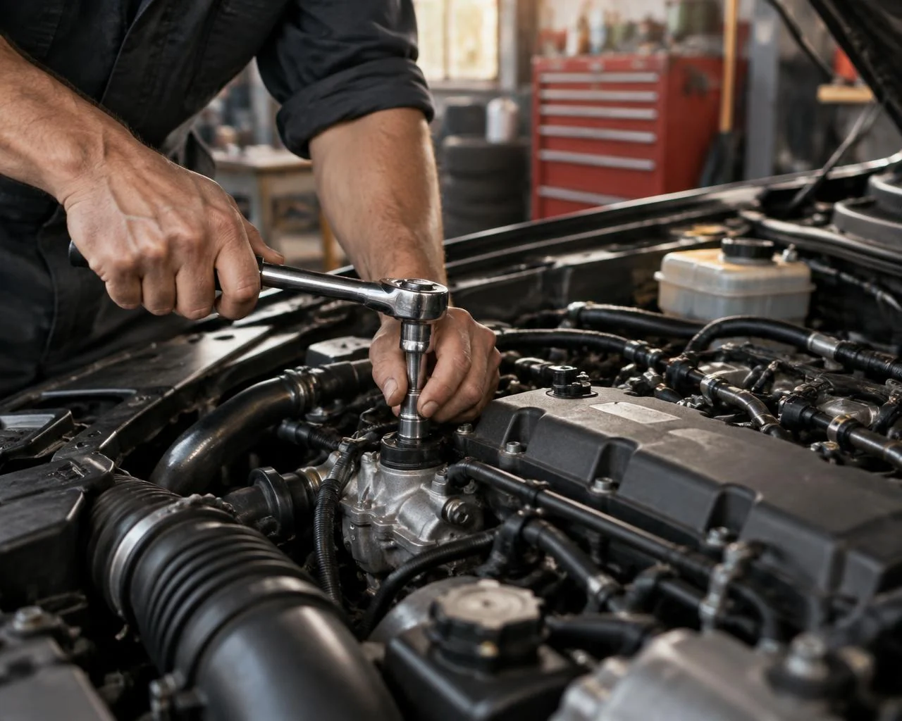 Illustrative mechanic working on an engine